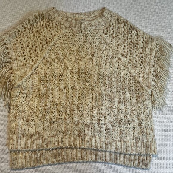 Beige Loose Knit Boho Short Sleeve Fringe Sweater Top Universal Thread One Size - Picture 1 of 9